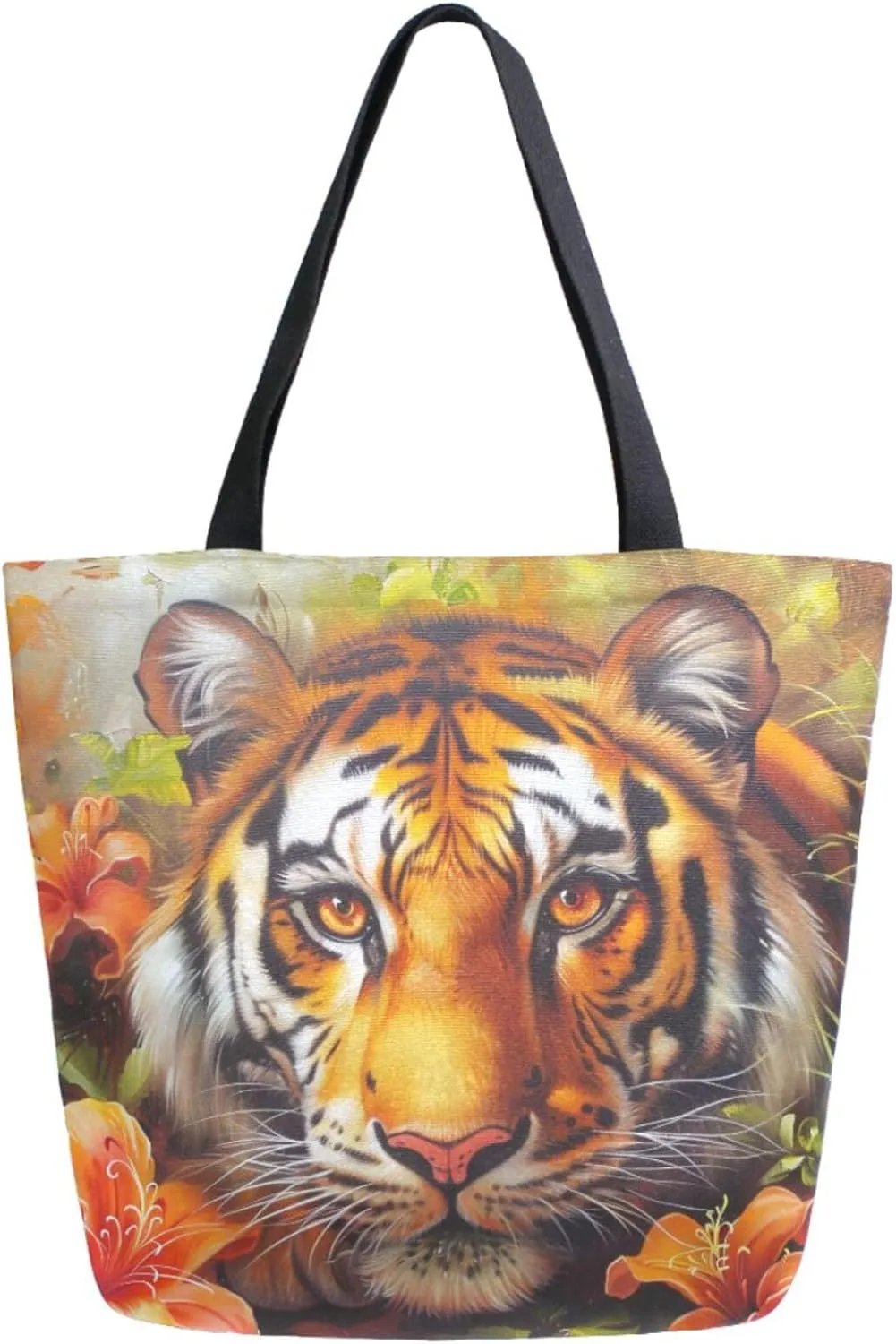 Fashion Extra Large Shoulder Grocery Tote Bag, Tropical Flowers Tiger Painting Canvas Daily Handle Bag for Gym Yoga Weekender Beach Travel Picnic Kitchen Reusable Market Shopping
