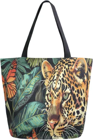 Fashion Extra Large Shoulder Grocery Tote Bag, Tropical Leaves Leopard Butterfly Canvas Daily Handle Bag for Gym Yoga Weekender Beach Travel Picnic Kitchen Reusable Market Shopping