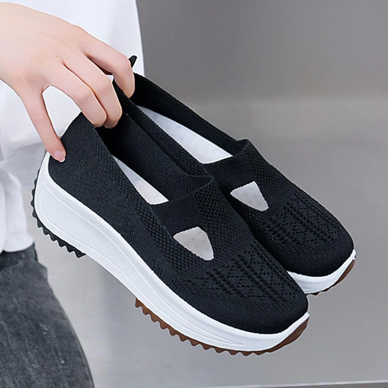 Fashion Summer Women Sports Shoes Flat Bottom Non Slip Mesh Hollow Upper Breathable Soft Slip On Low Top Platform Shoe