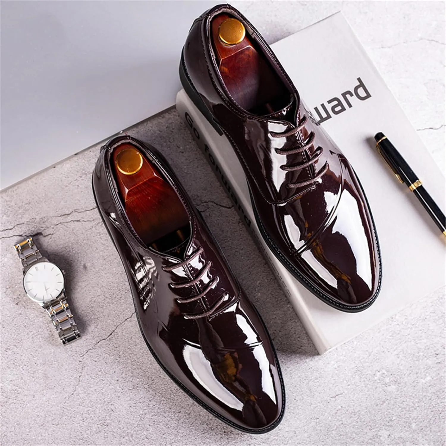 Faux Patent Leather Dress Shoes for Men Classic Lace-up Formal Oxfords Shoes Business Wedding Tuxedo Wingtip Shoes Black