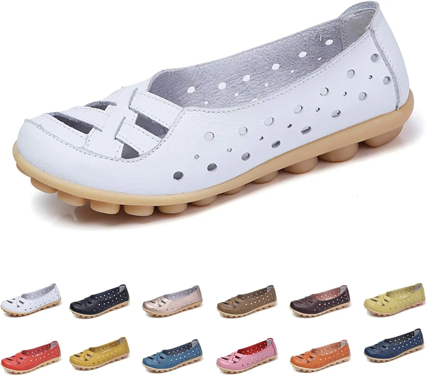 Flat Loafer for Women Comfortable Leather Loafers Ballet Flats Shoes Casual Wide Width Round Toe Slip on Flats with Breathable Eyelets