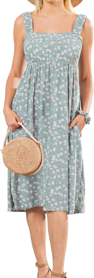 Floral Sundress with Pocket, Beach Outfit Sleeveless Long Sundress, Scrunchie Included Vacation Dresses for Women 2024