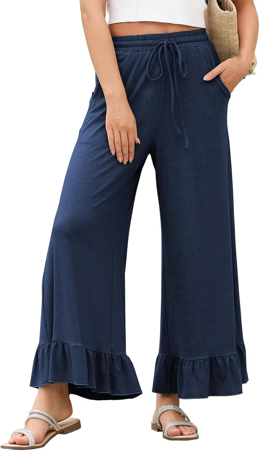 Flowy Wide Leg Pants Woman Drawstring High Waisted Ruffle Hem Palazzo Pants with Pockets Summer Vacation Beach Pants