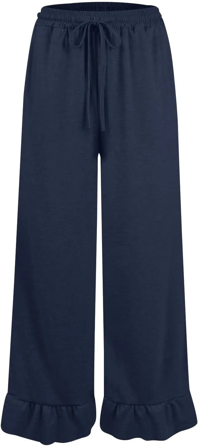 Flowy Wide Leg Pants Woman Drawstring High Waisted Ruffle Hem Palazzo Pants with Pockets Summer Vacation Beach Pants