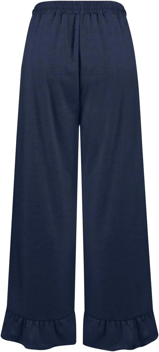 Flowy Wide Leg Pants Woman Drawstring High Waisted Ruffle Hem Palazzo Pants with Pockets Summer Vacation Beach Pants