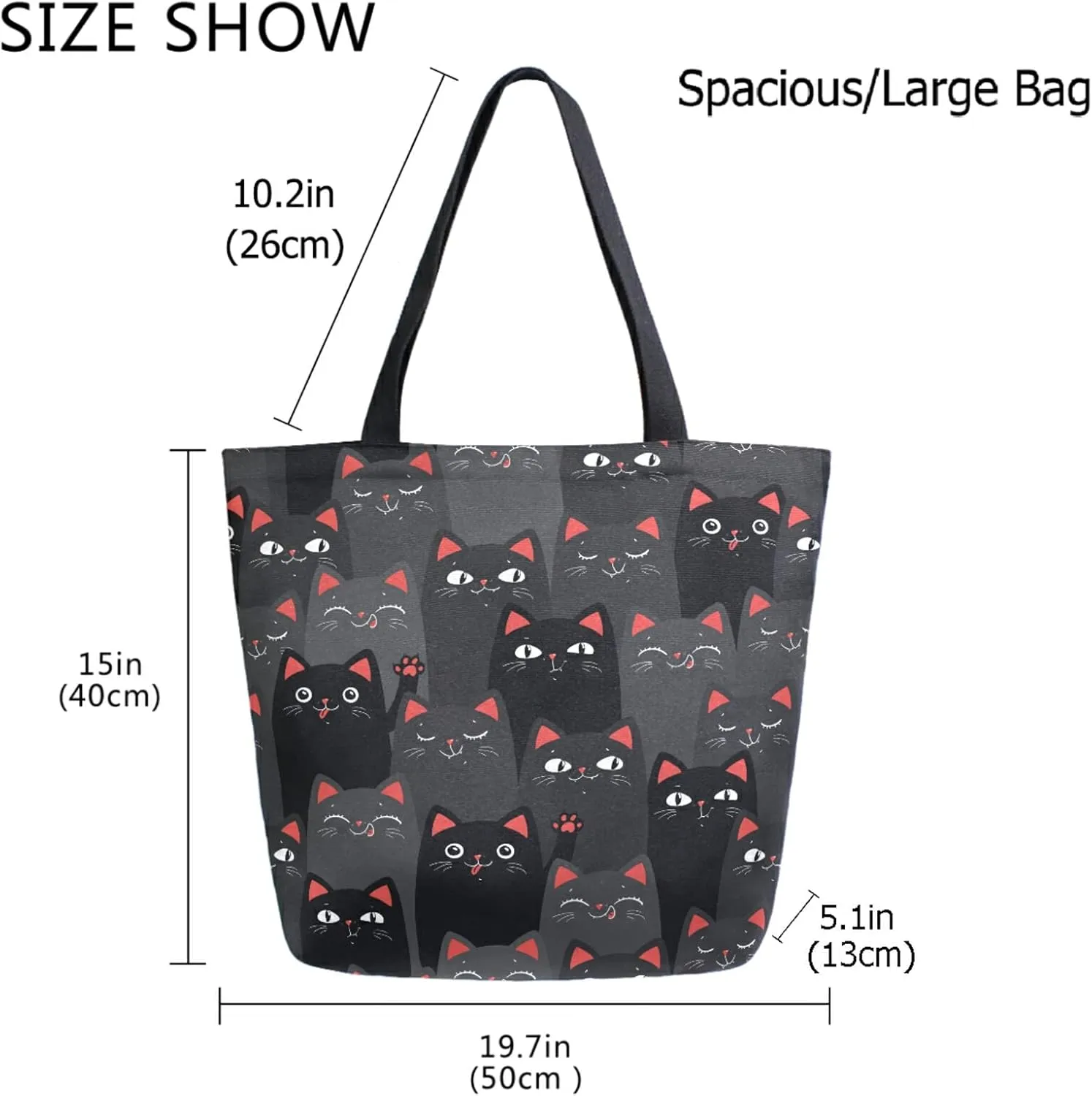 Funny Cartoon Dark Cats Extra Large Canvas Shoulder Tote Storage Top Handle Bag for Gym Weekender Summer Beach Travel Reusable Grocery Shopping