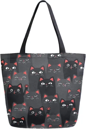 Funny Cartoon Dark Cats Extra Large Canvas Shoulder Tote Storage Top Handle Bag for Gym Weekender Summer Beach Travel Reusable Grocery Shopping