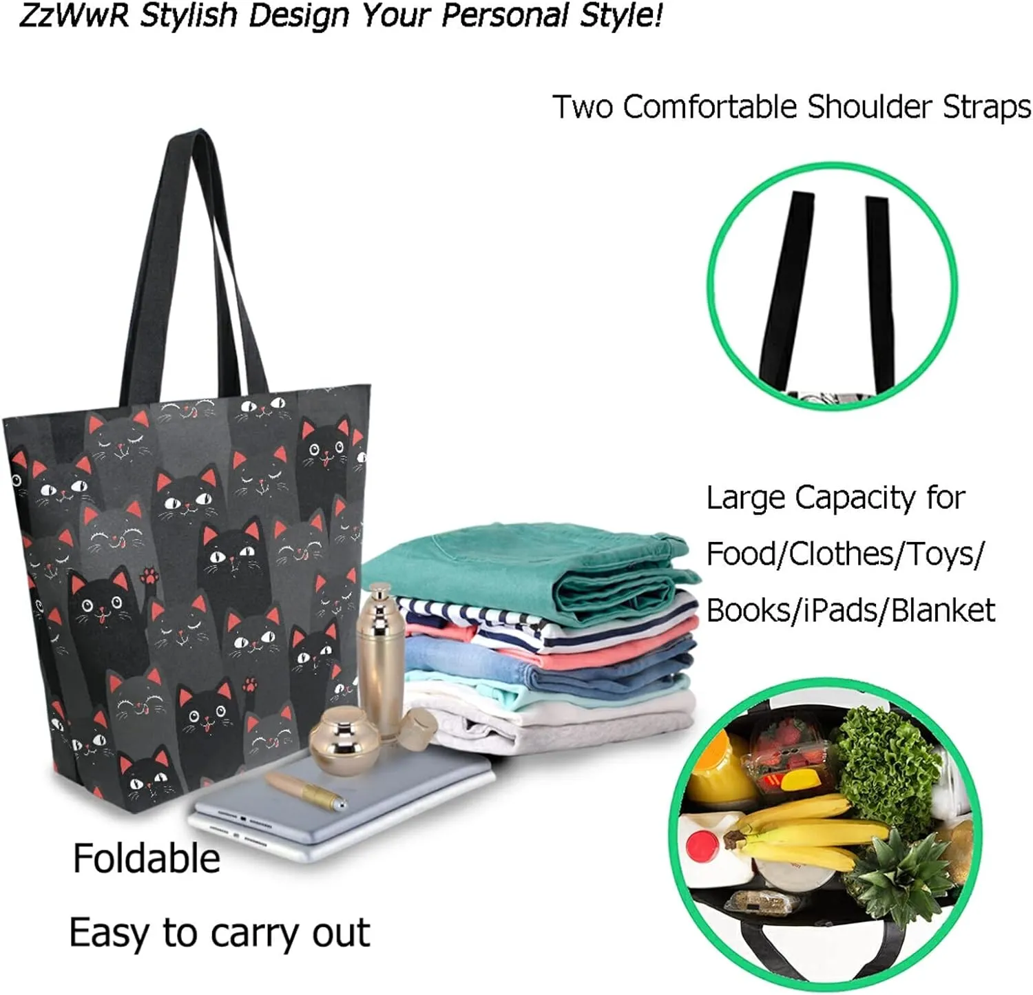 Funny Cartoon Dark Cats Extra Large Canvas Shoulder Tote Storage Top Handle Bag for Gym Weekender Summer Beach Travel Reusable Grocery Shopping