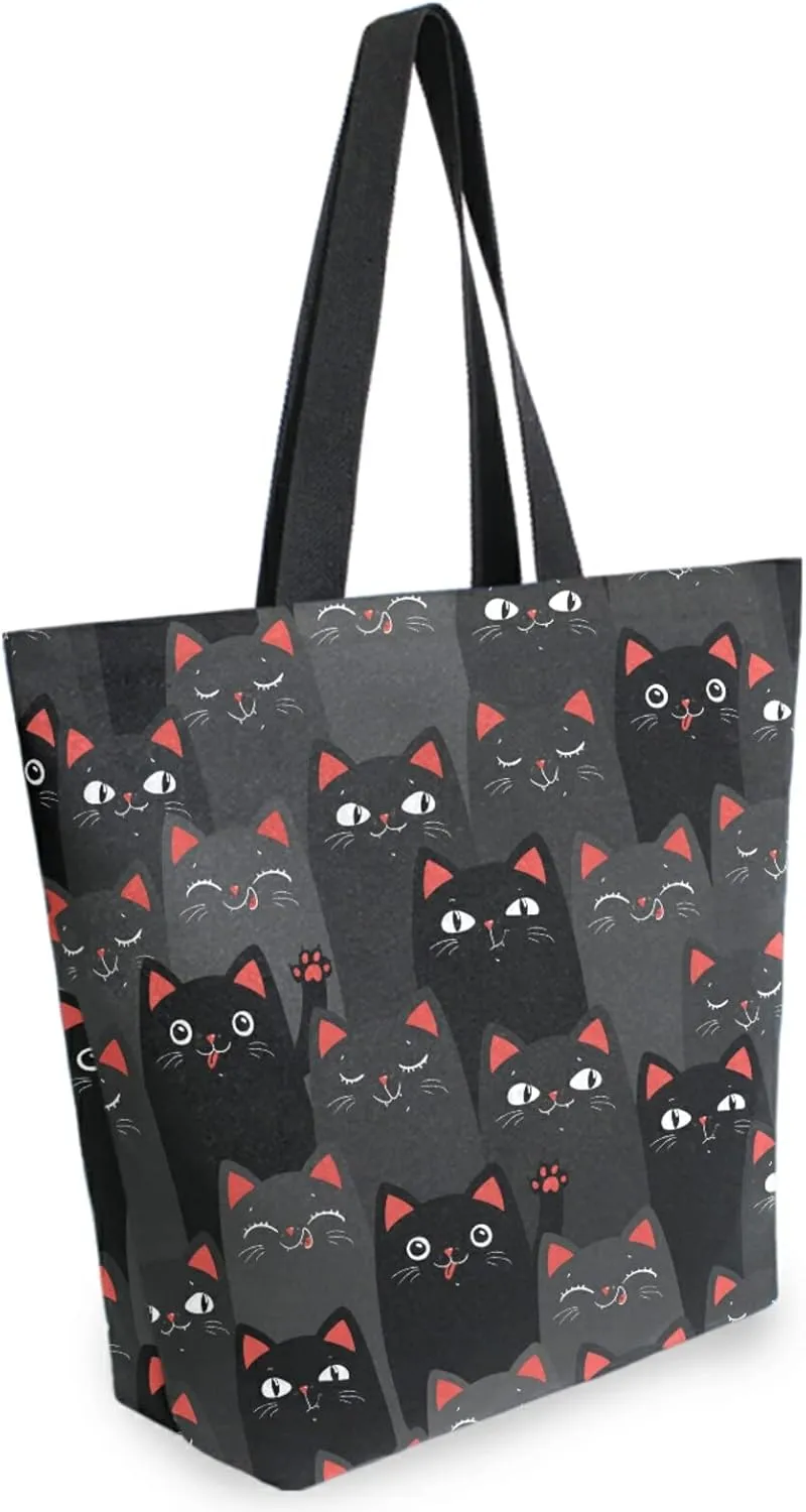 Funny Cartoon Dark Cats Extra Large Canvas Shoulder Tote Storage Top Handle Bag for Gym Weekender Summer Beach Travel Reusable Grocery Shopping