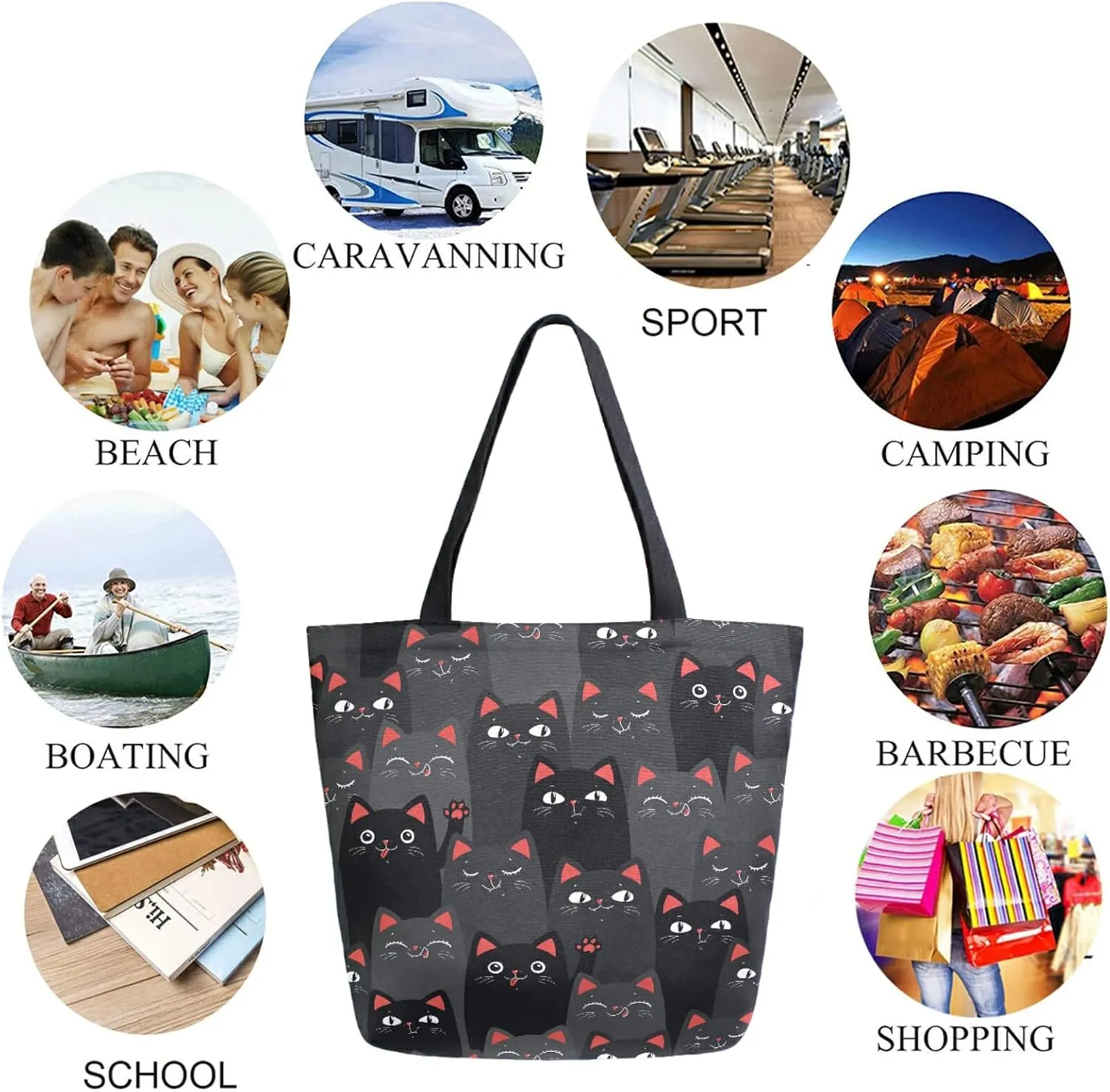 Funny Cartoon Dark Cats Extra Large Canvas Shoulder Tote Storage Top Handle Bag for Gym Weekender Summer Beach Travel Reusable Grocery Shopping