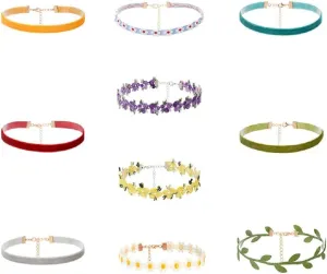 Fuqimanman2020 9pcs Colorful Daisy Flower Lace Choker Necklace Collar Set Floral Green Leaf Velvet Adjustable for Women Gothic Boho Classic Multicolor Jewelry