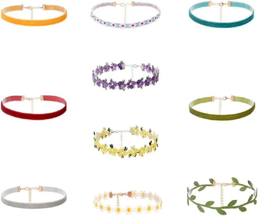 Fuqimanman2020 9pcs Colorful Daisy Flower Lace Choker Necklace Collar Set Floral Green Leaf Velvet Adjustable for Women Gothic Boho Classic Multicolor Jewelry