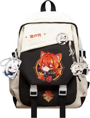 Genshin Impact Backpack Diluc Backpack Printed Laptop Bookbag 17" Large Capacity Travel BackPack With Gift
