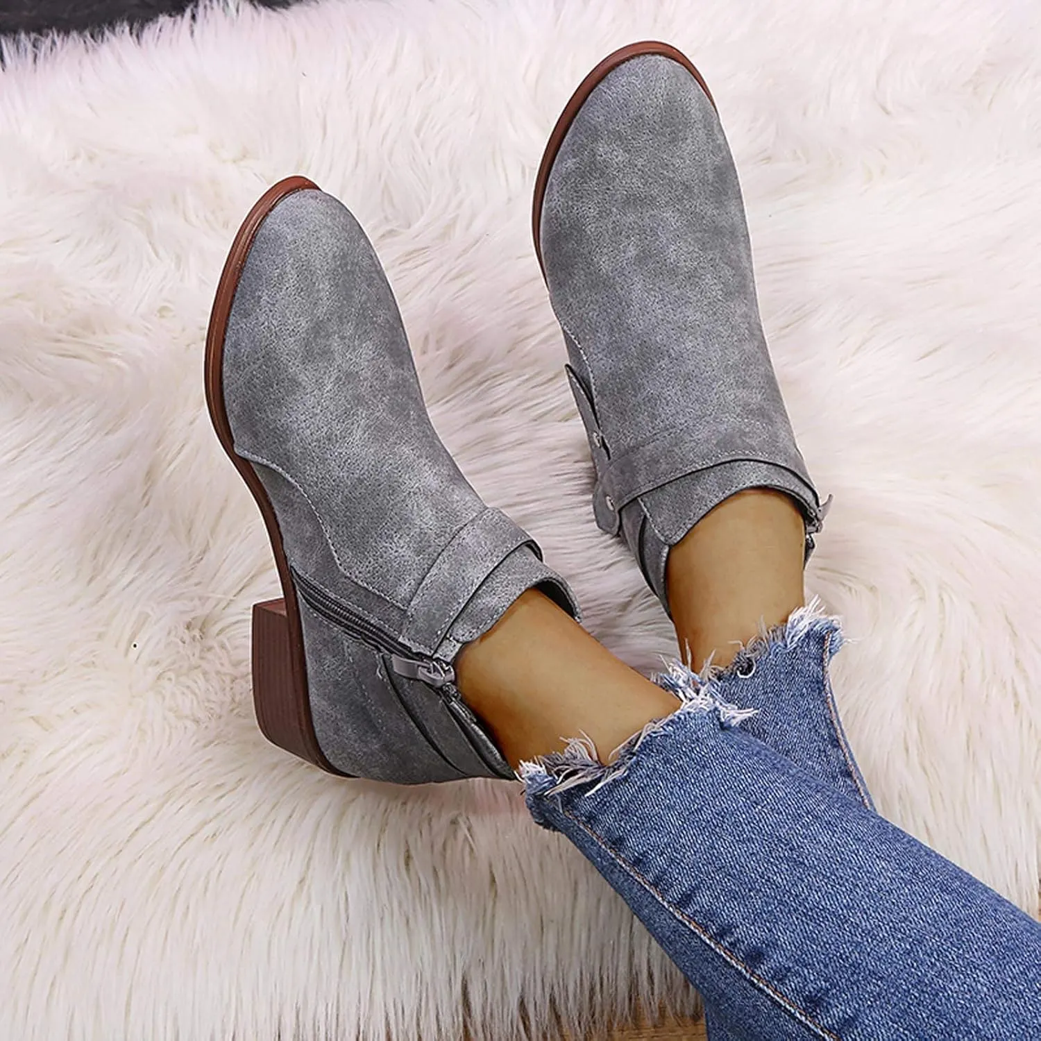 Gibobby Ankle Boots for Women Low Heel,Slip-On Loafers Pointed Toe Chunky Hollow Bucket Office Casual Shoes Cutout Booties