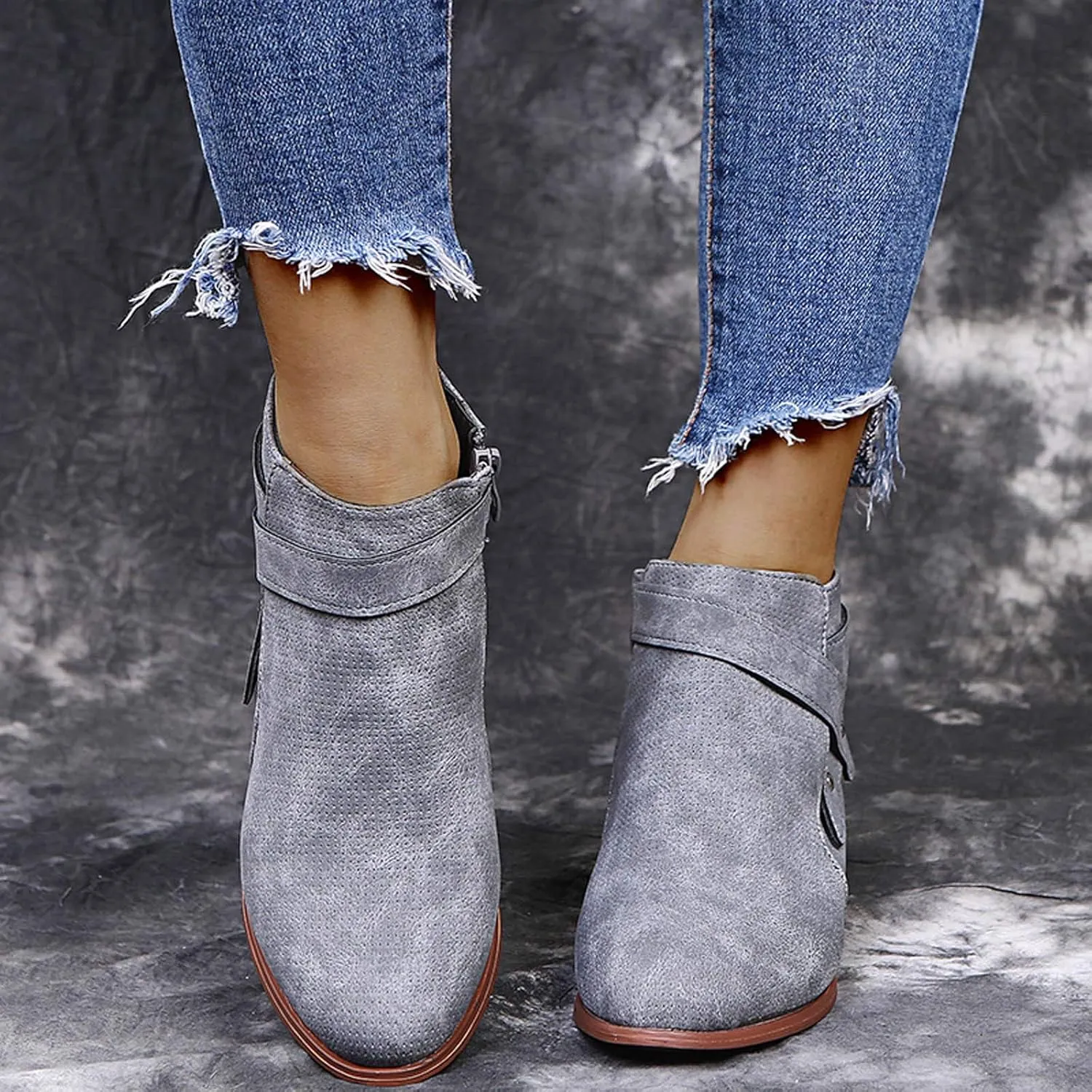 Gibobby Ankle Boots for Women Low Heel,Slip-On Loafers Pointed Toe Chunky Hollow Bucket Office Casual Shoes Cutout Booties
