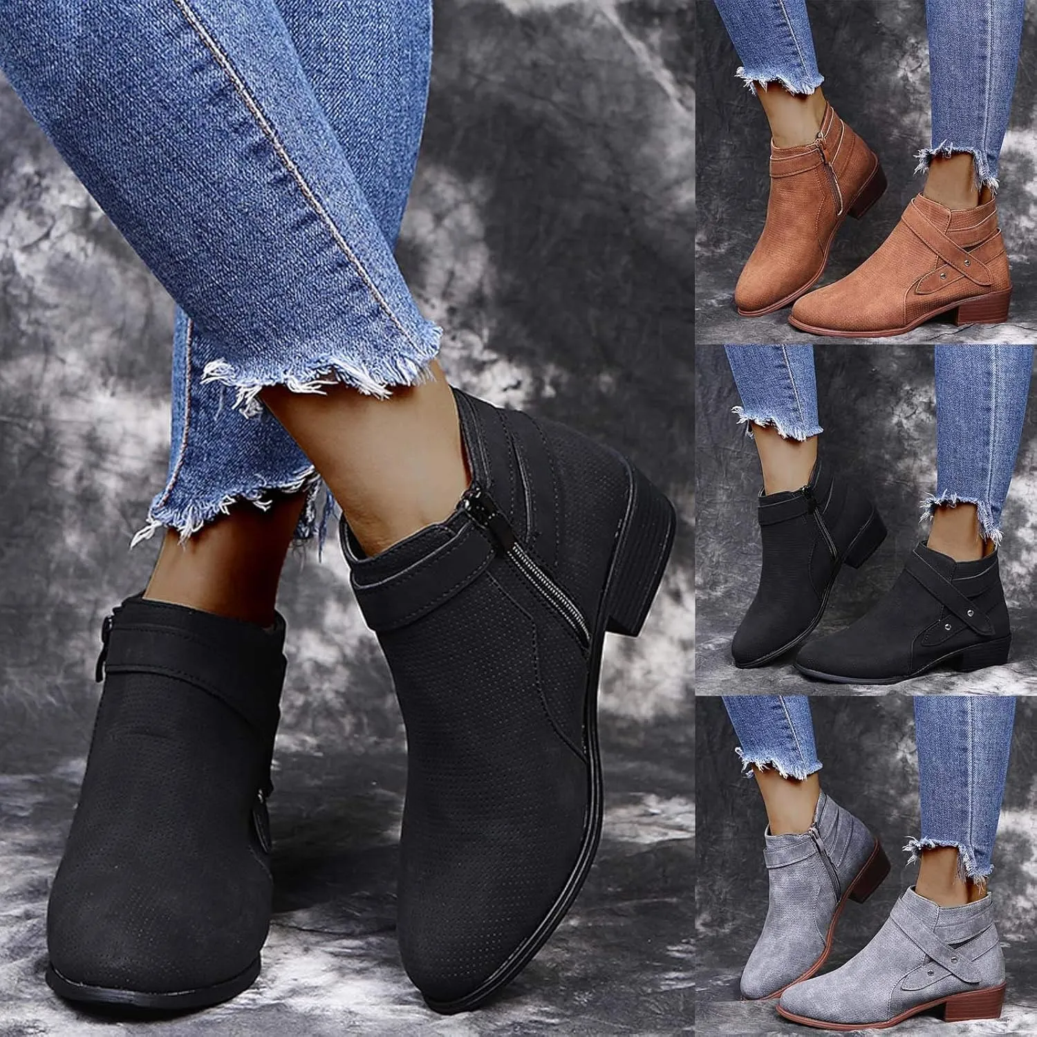 Gibobby Ankle Boots for Women Low Heel,Slip-On Loafers Pointed Toe Chunky Hollow Bucket Office Casual Shoes Cutout Booties