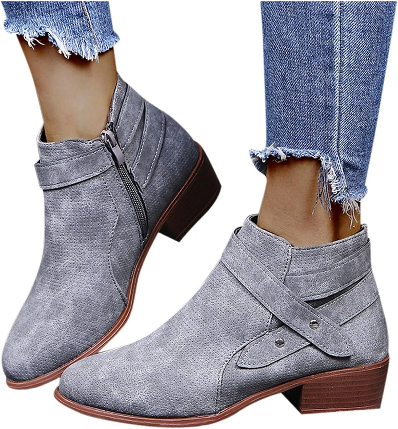 Gibobby Ankle Boots for Women Low Heel,Slip-On Loafers Pointed Toe Chunky Hollow Bucket Office Casual Shoes Cutout Booties