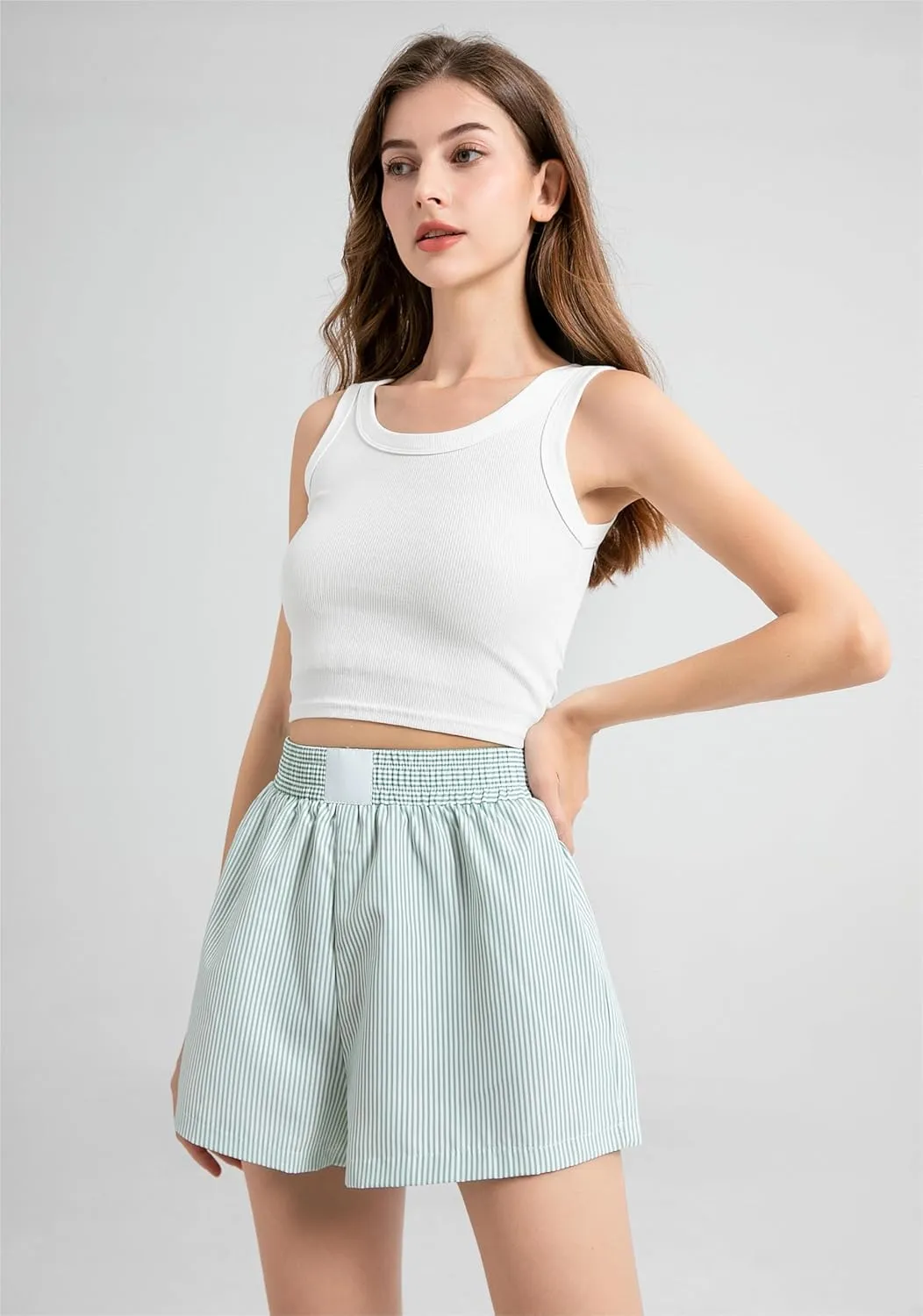 Gihuo Women's Striped Shorts Elastic High Waisted Boxer Shorts Cute Stripe Sleep Lounge Shorts Y2k Summer Casual Shorts