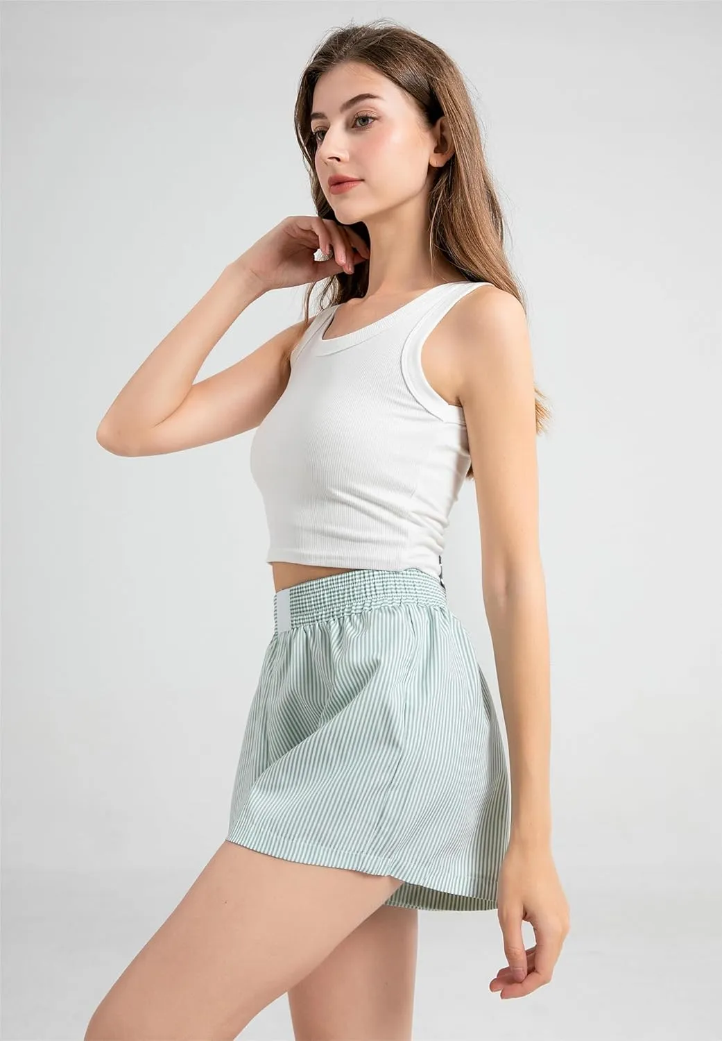 Gihuo Women's Striped Shorts Elastic High Waisted Boxer Shorts Cute Stripe Sleep Lounge Shorts Y2k Summer Casual Shorts