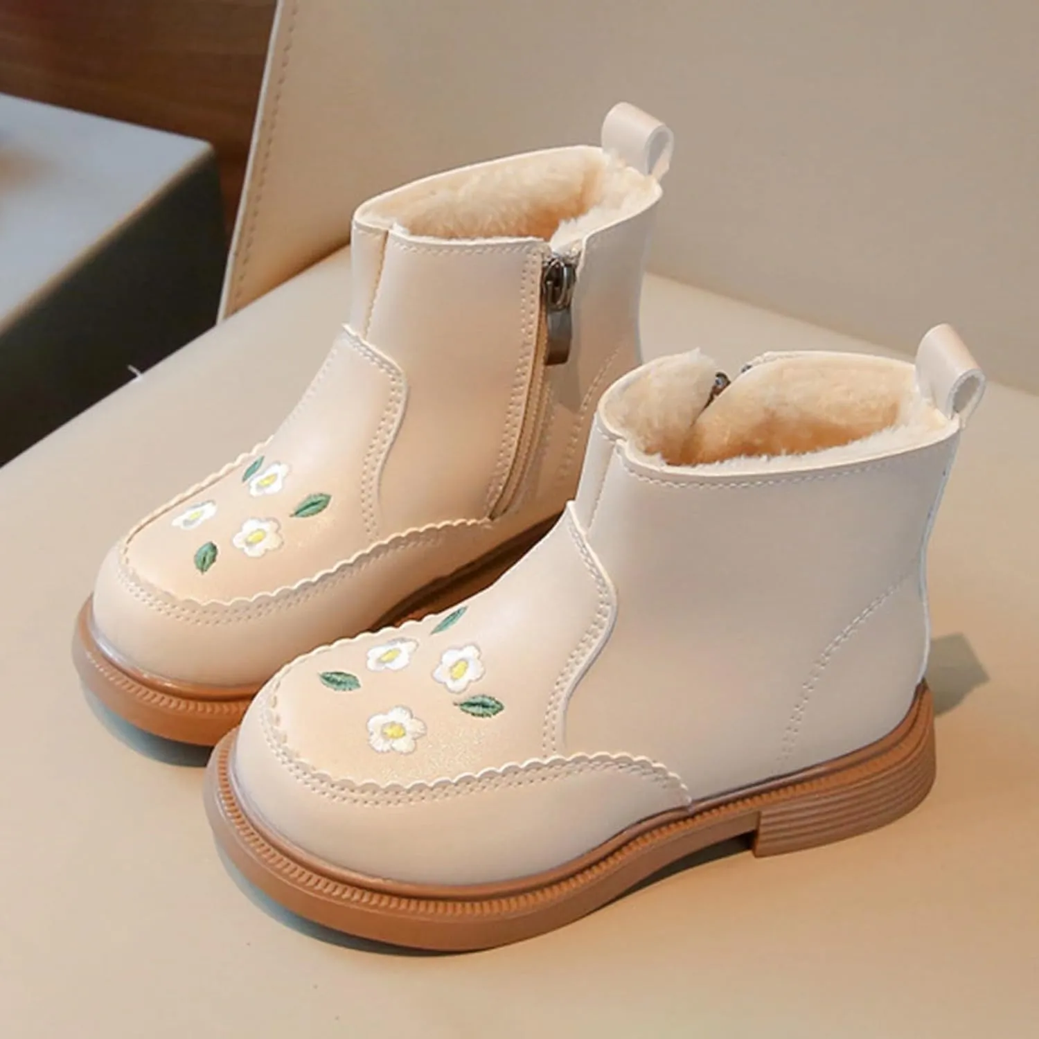 Girls Kids Side Zipper Faux Fr Ankle Boots Girls Fashion Boots For Girls Girls Low Heel Side Zipper Ankle Booties