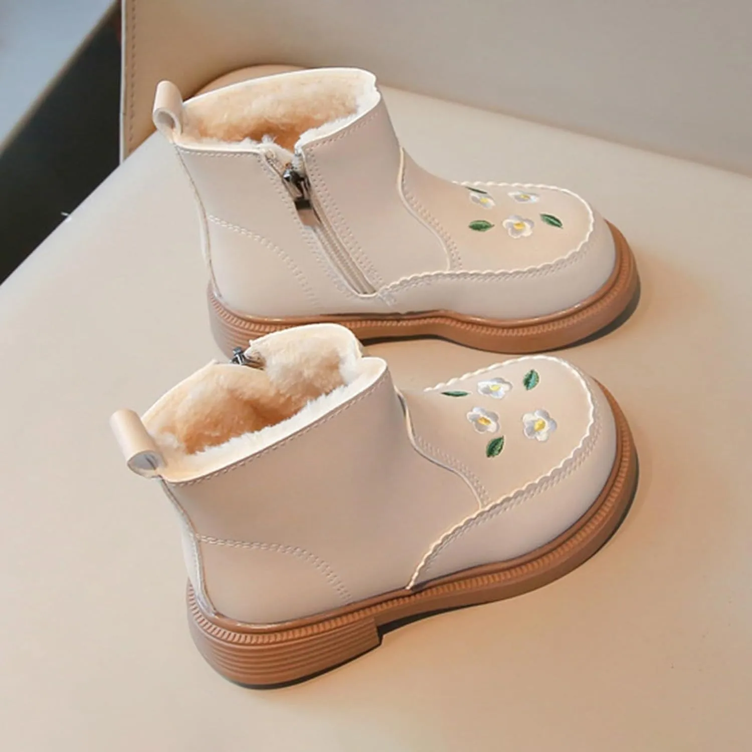 Girls Kids Side Zipper Faux Fr Ankle Boots Girls Fashion Boots For Girls Girls Low Heel Side Zipper Ankle Booties