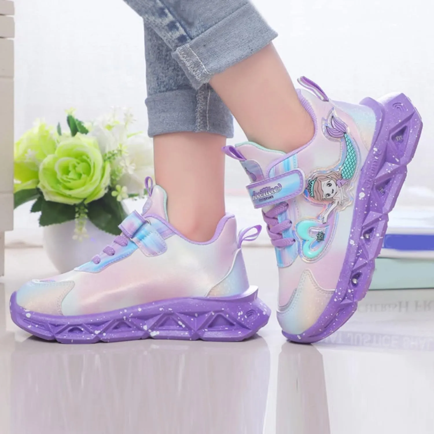 Girls Princess Shoes Slip On Light-Up Sneakers Mermai Shoes Breathable Mesh Sneakers Lightweight Running Shoes