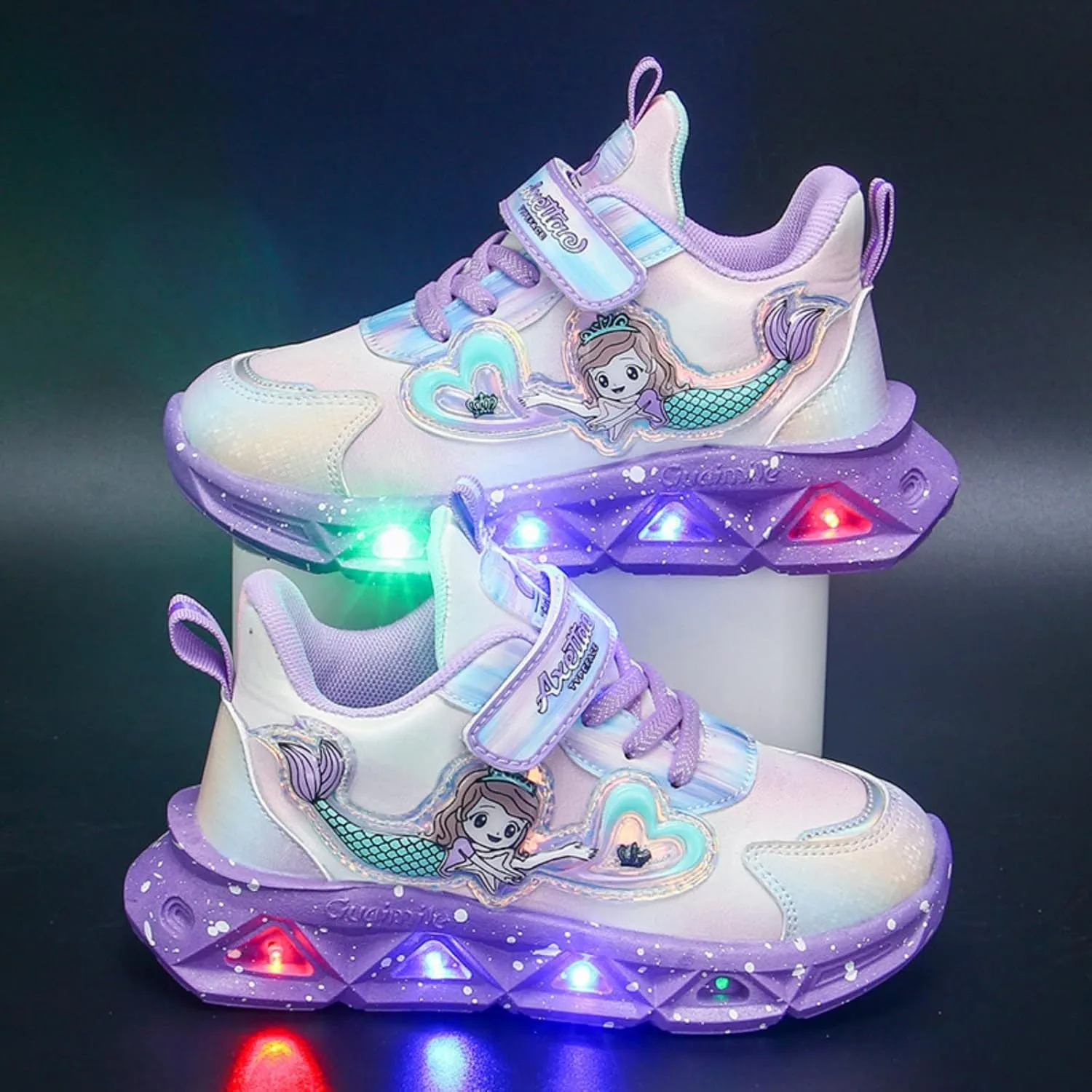 Girls Princess Shoes Slip On Light-Up Sneakers Mermai Shoes Breathable Mesh Sneakers Lightweight Running Shoes