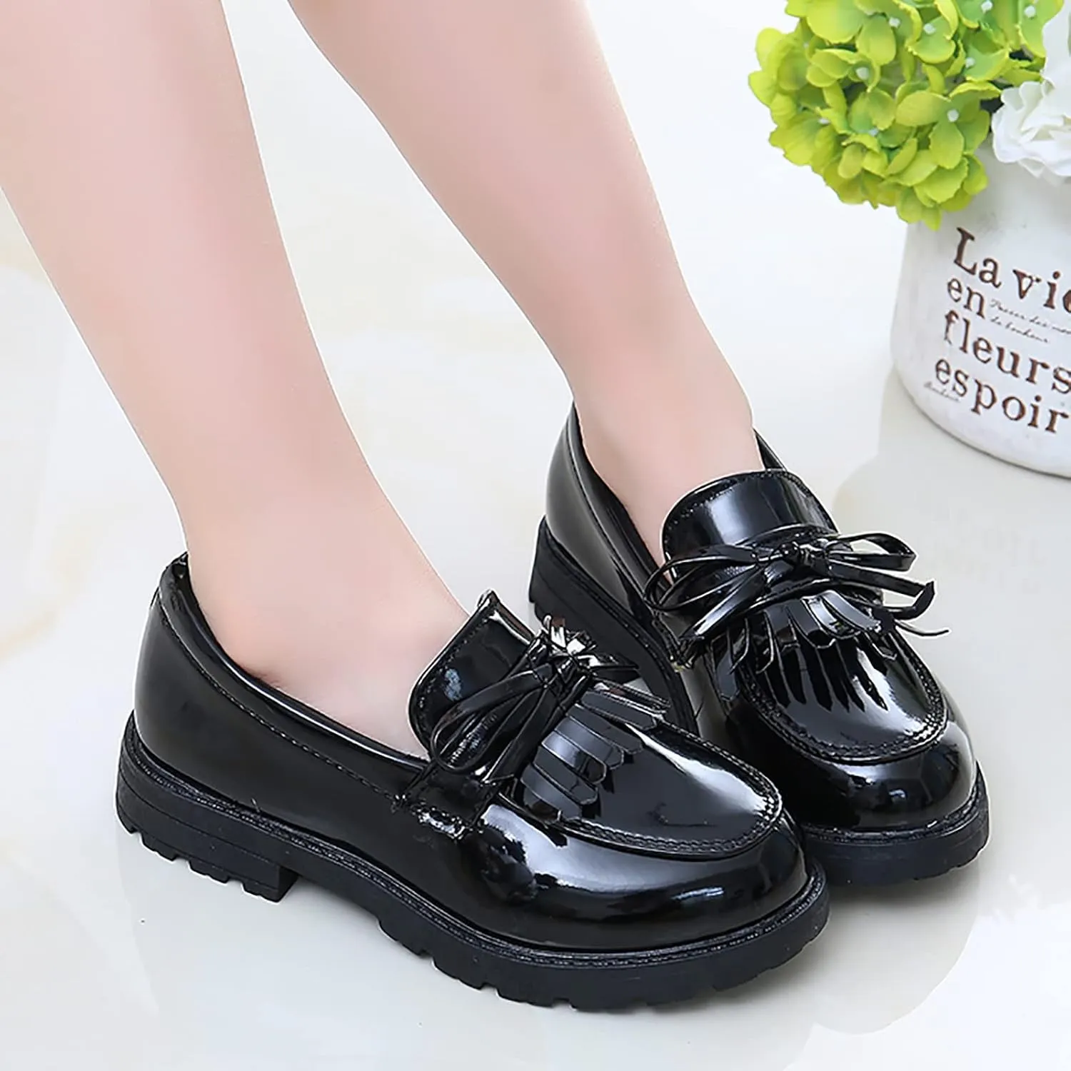 Girls Slip On Leather Loafer Tassel Bow School Dress Shoes For Girls Water Shoes Toddler