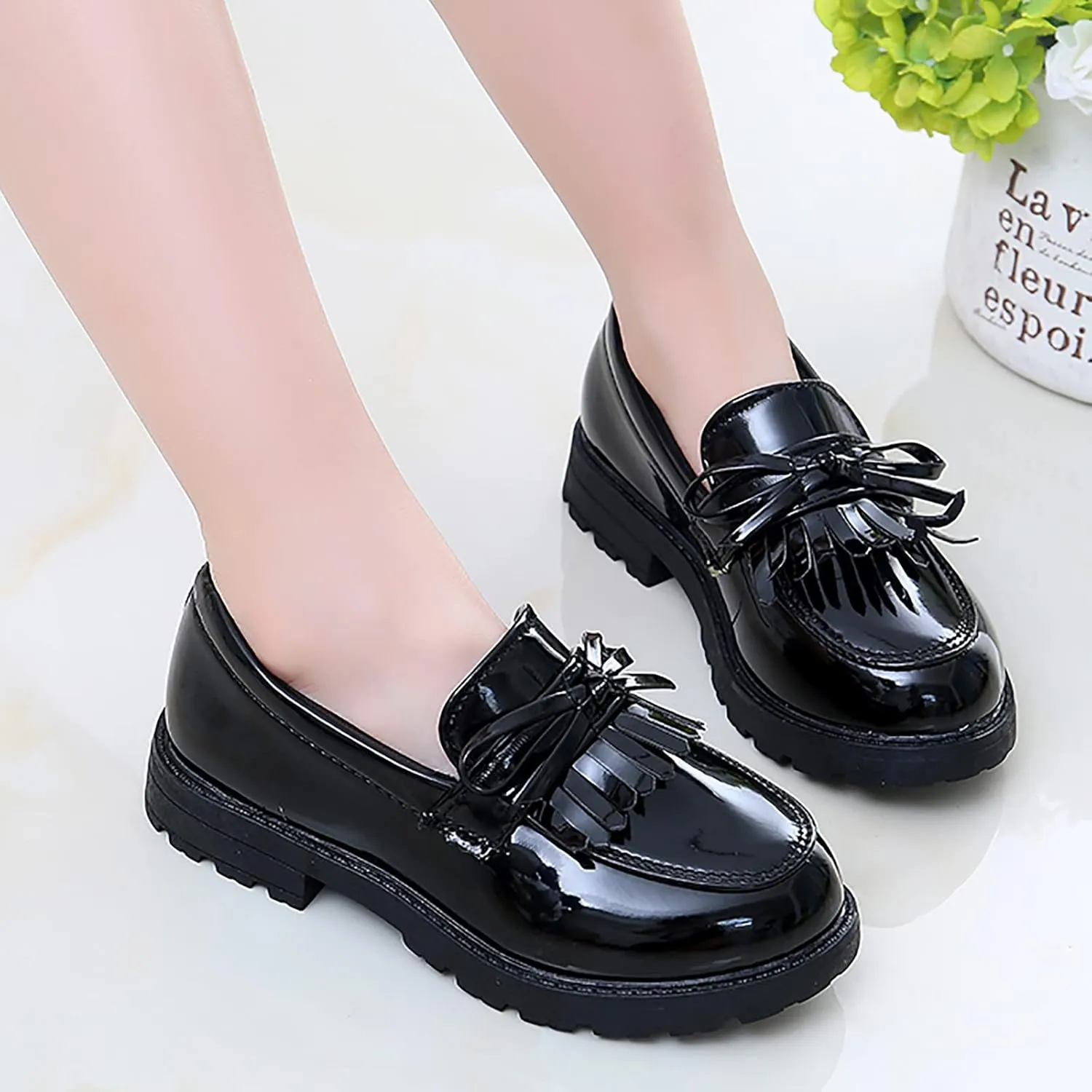 Girls Slip On Leather Loafer Tassel Bow School Dress Shoes For Girls Water Shoes Toddler