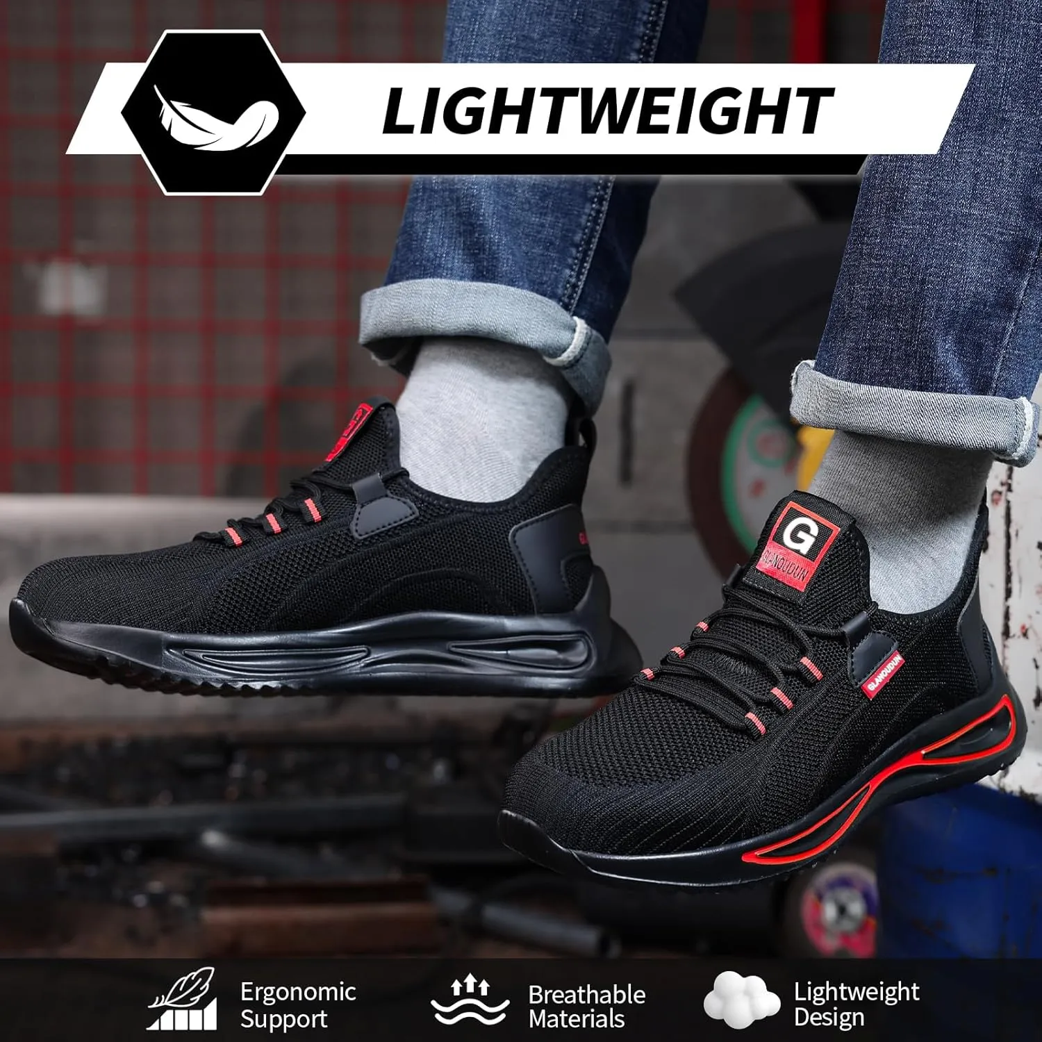 GLANOUDUN Steel Toe Shoes for Men Lightweight Work Shoes for Men Black Steel Toe Sneakers Comfortable Safety Tennis Sneakers Indestructible Men's Safety Footwear Industrial Construction
