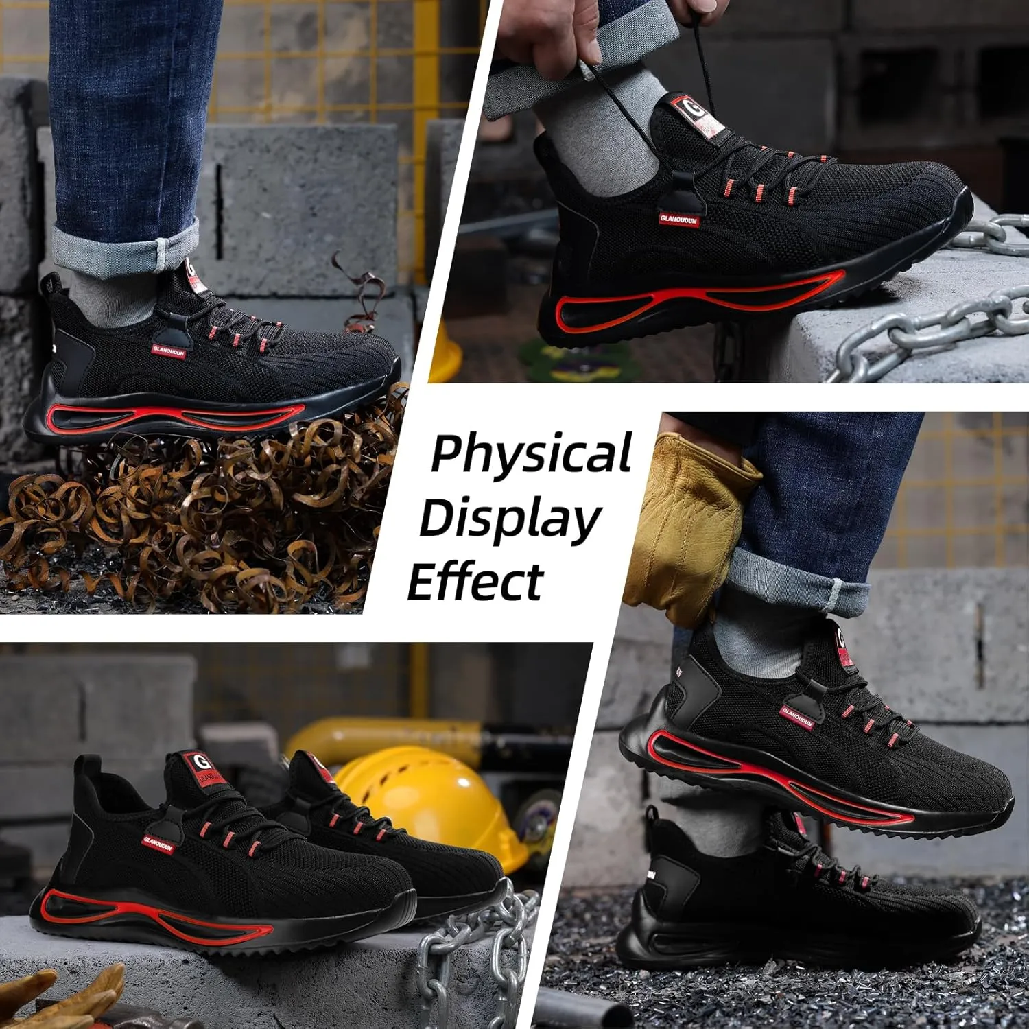 GLANOUDUN Steel Toe Shoes for Men Lightweight Work Shoes for Men Black Steel Toe Sneakers Comfortable Safety Tennis Sneakers Indestructible Men's Safety Footwear Industrial Construction