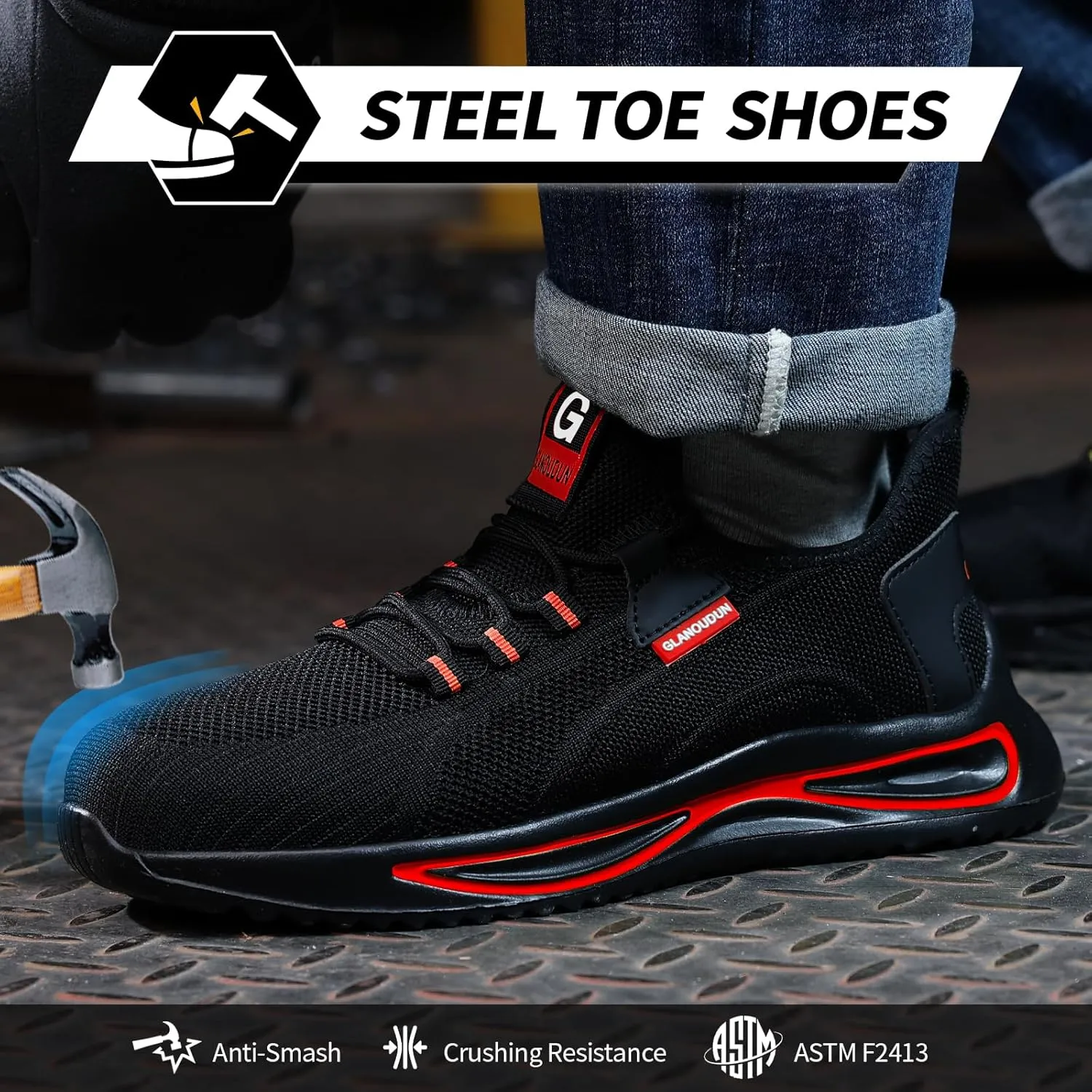 GLANOUDUN Steel Toe Shoes for Men Lightweight Work Shoes for Men Black Steel Toe Sneakers Comfortable Safety Tennis Sneakers Indestructible Men's Safety Footwear Industrial Construction