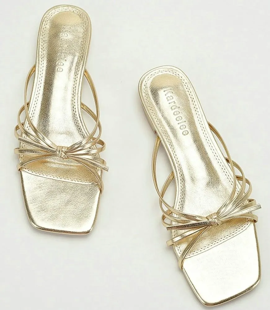 Gold Strappy Heel Sandals for Women Chunky Low Block Heel Square Open Toe Mules Fashion Party Dress Heeled Sandals