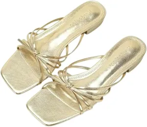 Gold Strappy Heel Sandals for Women Chunky Low Block Heel Square Open Toe Mules Fashion Party Dress Heeled Sandals