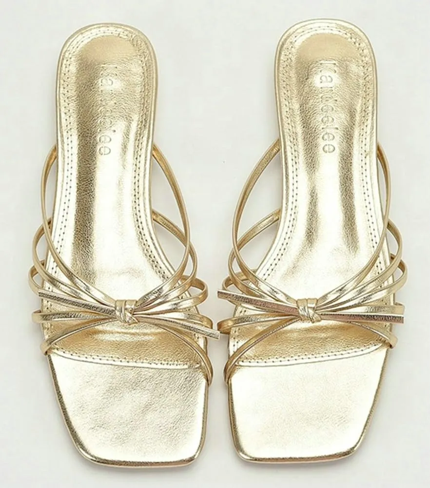 Gold Strappy Heel Sandals for Women Chunky Low Block Heel Square Open Toe Mules Fashion Party Dress Heeled Sandals