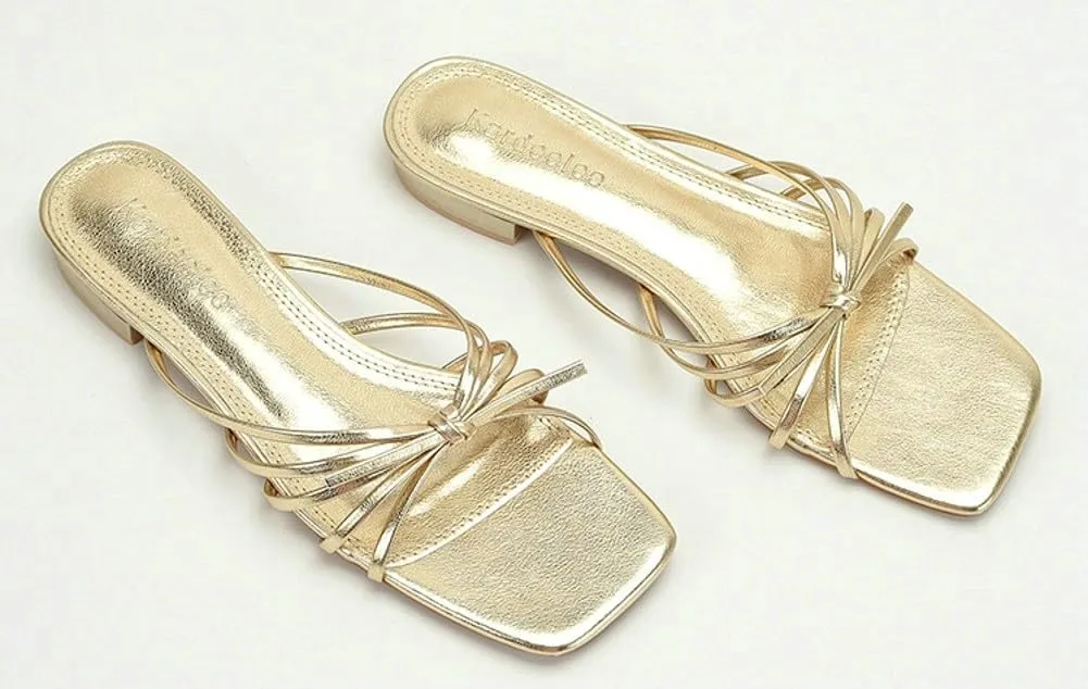 Gold Strappy Heel Sandals for Women Chunky Low Block Heel Square Open Toe Mules Fashion Party Dress Heeled Sandals