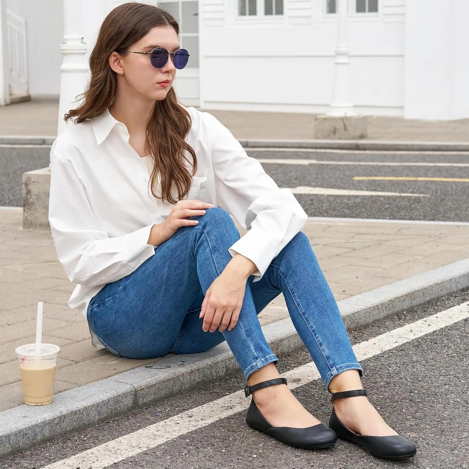 HARENCE Ballet Flats Shoes for Women: Comfortable Round Toe Ankle Strap Slip on Casual Dress Flat for Office Work Business