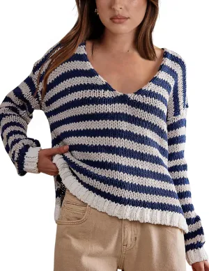 hathne Women's Oversized Striped Sweaters Pullover Fall Knitwear V Neck Color Block Sweaters Tops