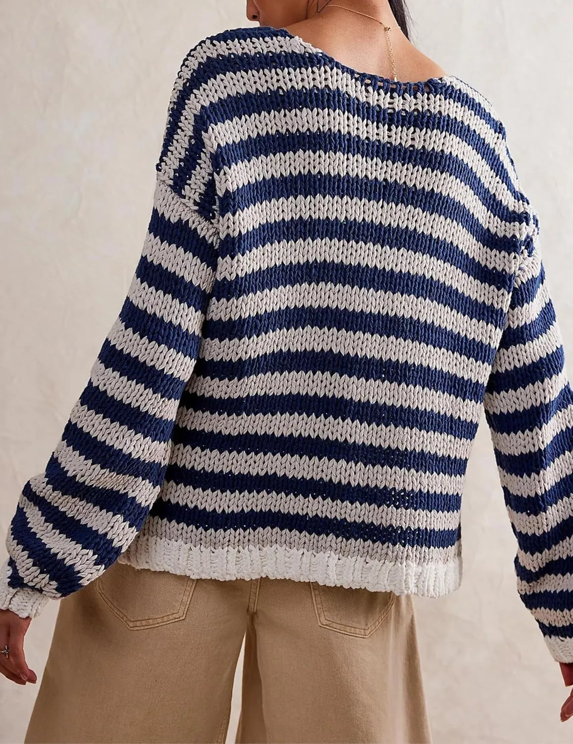 hathne Women's Oversized Striped Sweaters Pullover Fall Knitwear V Neck Color Block Sweaters Tops