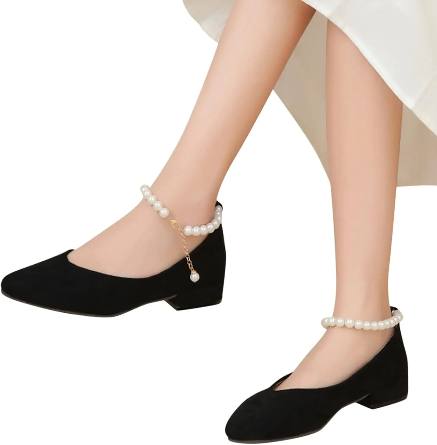 Hbeylia Ballet Flats for Women Ladies Fashion Cut Out Pearl Ankle Strap Lightweight Comfort Pointed Toe Low Heels Flats Walking Loafers Dress Sneakers Shoes for Beach Travel Dancer