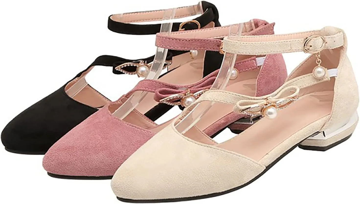Hbeylia Ballet Flats for Women Ladies Fashion Cut Out Pearl Ankle Strap Lightweight Comfort Pointed Toe Low Heels Flats Walking Loafers Dress Sneakers Shoes for Beach Travel Dancer