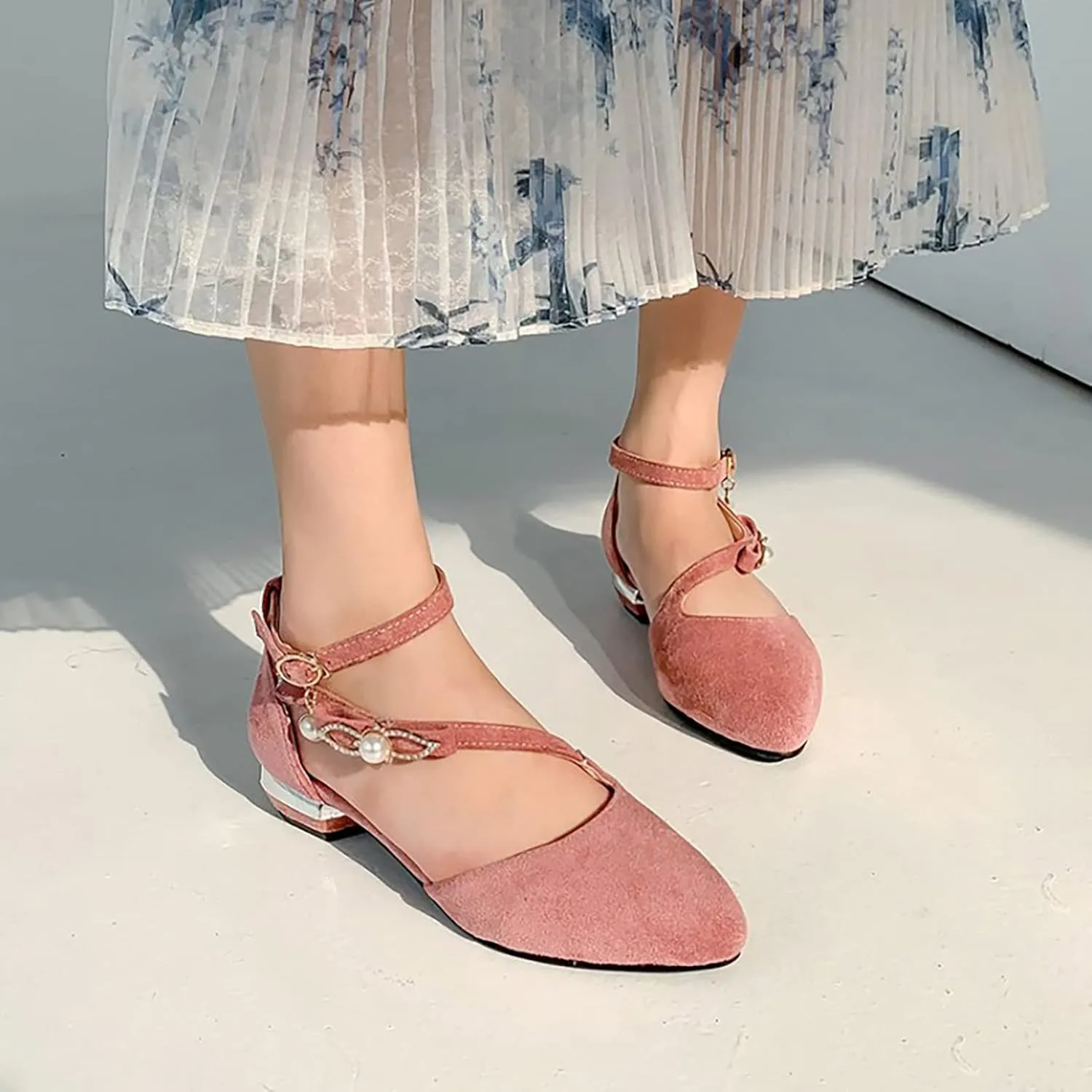 Hbeylia Ballet Flats for Women Ladies Fashion Cut Out Pearl Ankle Strap Lightweight Comfort Pointed Toe Low Heels Flats Walking Loafers Dress Sneakers Shoes for Beach Travel Dancer