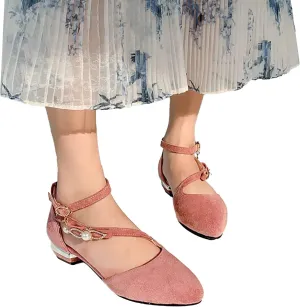 Hbeylia Ballet Flats for Women Ladies Fashion Cut Out Pearl Ankle Strap Lightweight Comfort Pointed Toe Low Heels Flats Walking Loafers Dress Sneakers Shoes for Beach Travel Dancer
