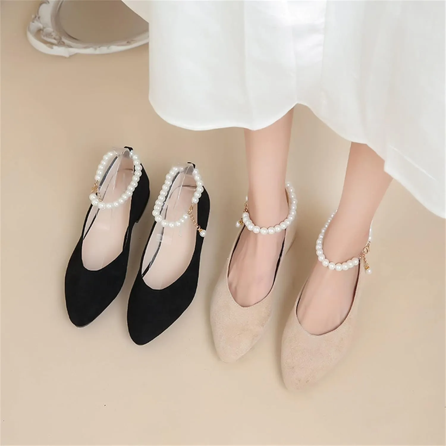 Hbeylia Ballet Flats for Women Ladies Fashion Cut Out Pearl Ankle Strap Lightweight Comfort Pointed Toe Low Heels Flats Walking Loafers Dress Sneakers Shoes for Beach Travel Dancer