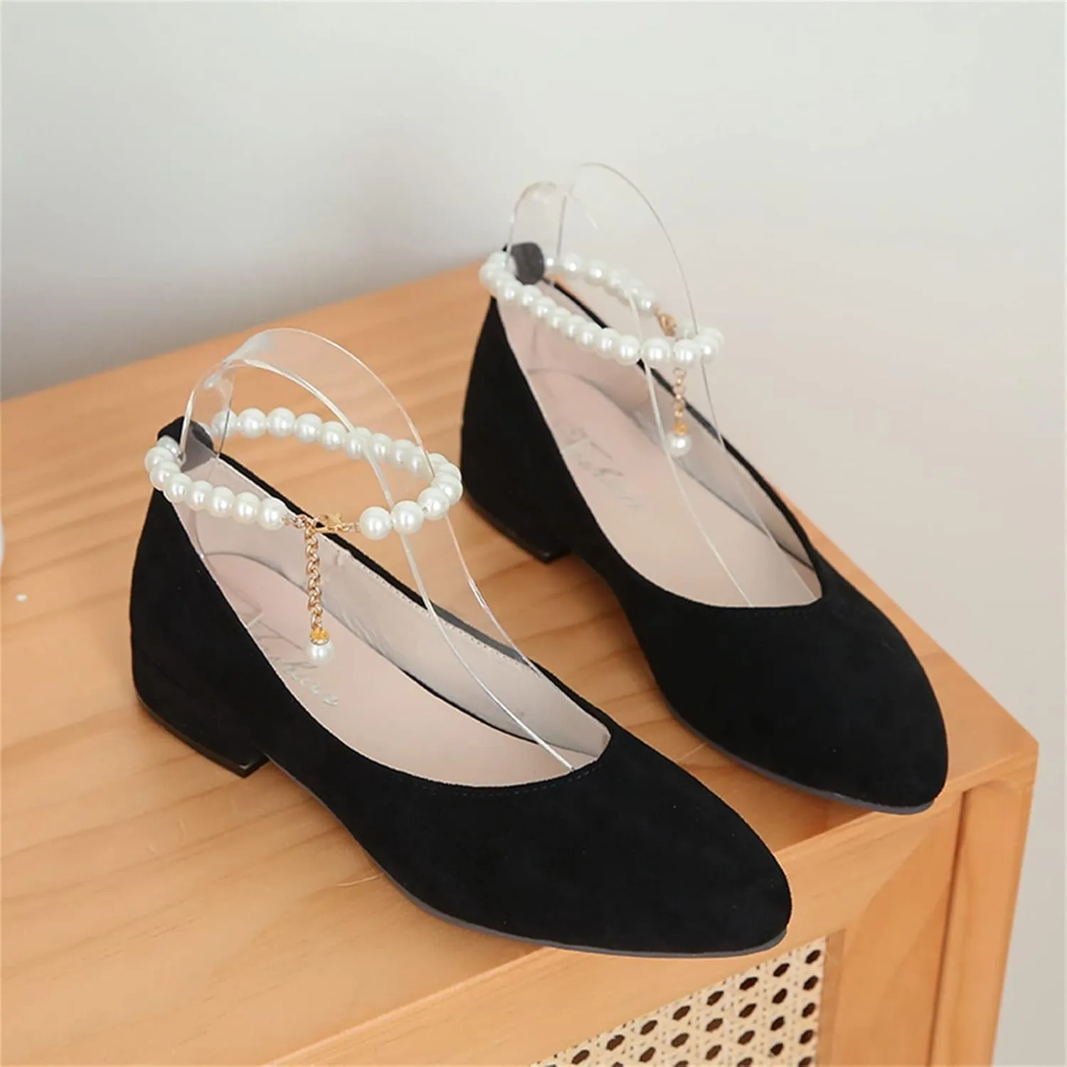 Hbeylia Ballet Flats for Women Ladies Fashion Cut Out Pearl Ankle Strap Lightweight Comfort Pointed Toe Low Heels Flats Walking Loafers Dress Sneakers Shoes for Beach Travel Dancer