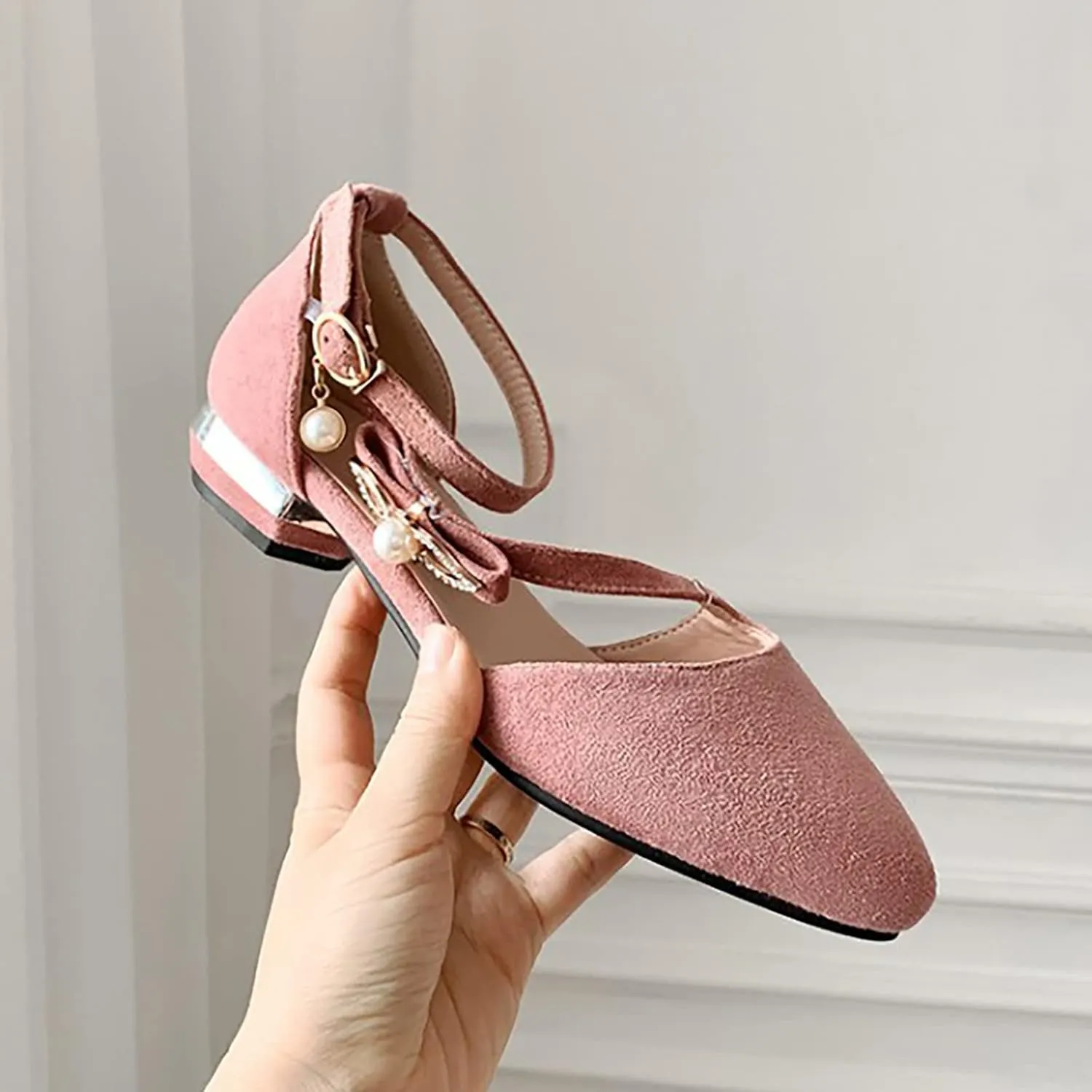 Hbeylia Ballet Flats for Women Ladies Fashion Cut Out Pearl Ankle Strap Lightweight Comfort Pointed Toe Low Heels Flats Walking Loafers Dress Sneakers Shoes for Beach Travel Dancer