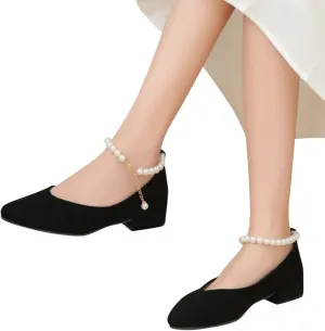 Hbeylia Ballet Flats for Women Ladies Fashion Cut Out Pearl Ankle Strap Lightweight Comfort Pointed Toe Low Heels Flats Walking Loafers Dress Sneakers Shoes for Beach Travel Dancer