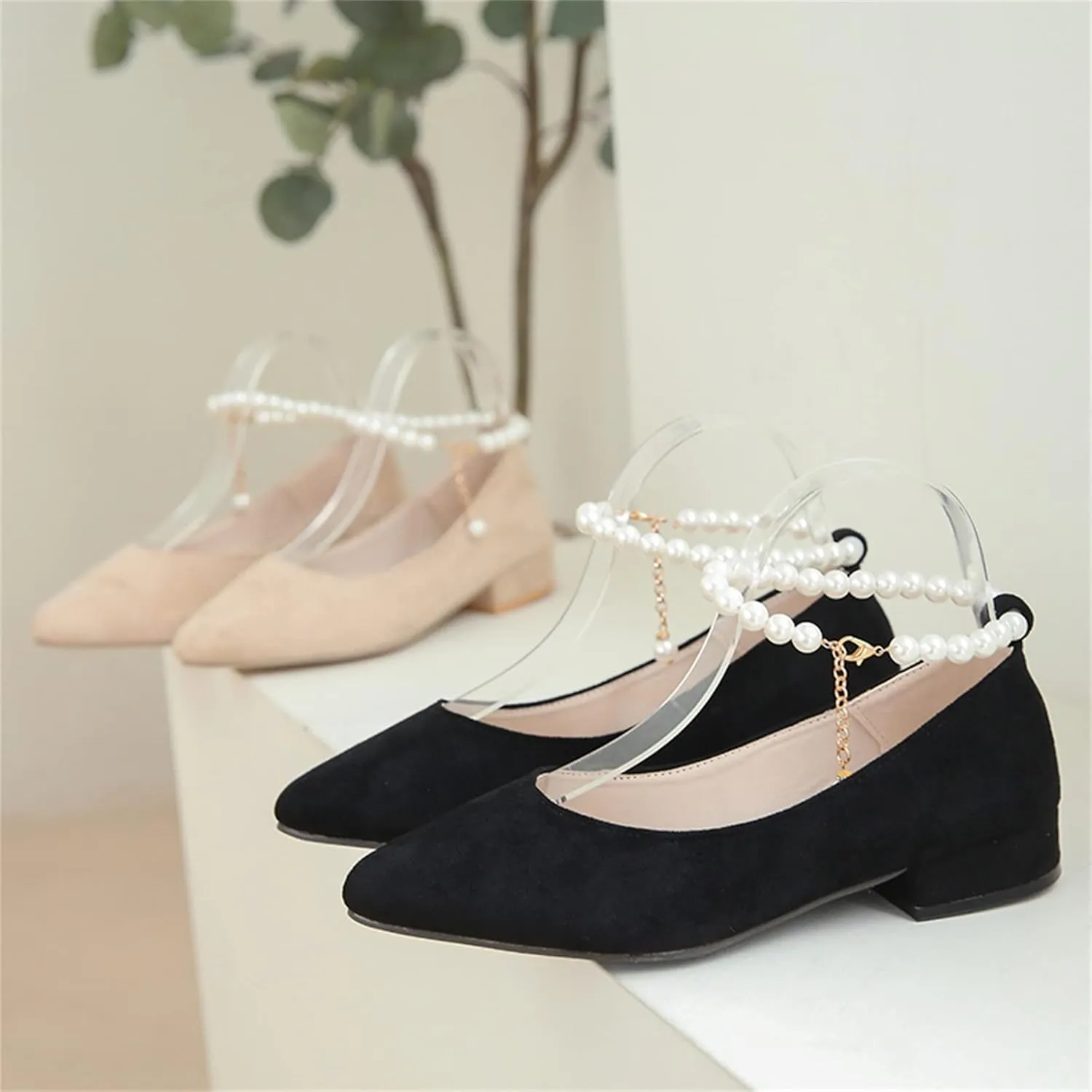Hbeylia Ballet Flats for Women Ladies Fashion Cut Out Pearl Ankle Strap Lightweight Comfort Pointed Toe Low Heels Flats Walking Loafers Dress Sneakers Shoes for Beach Travel Dancer