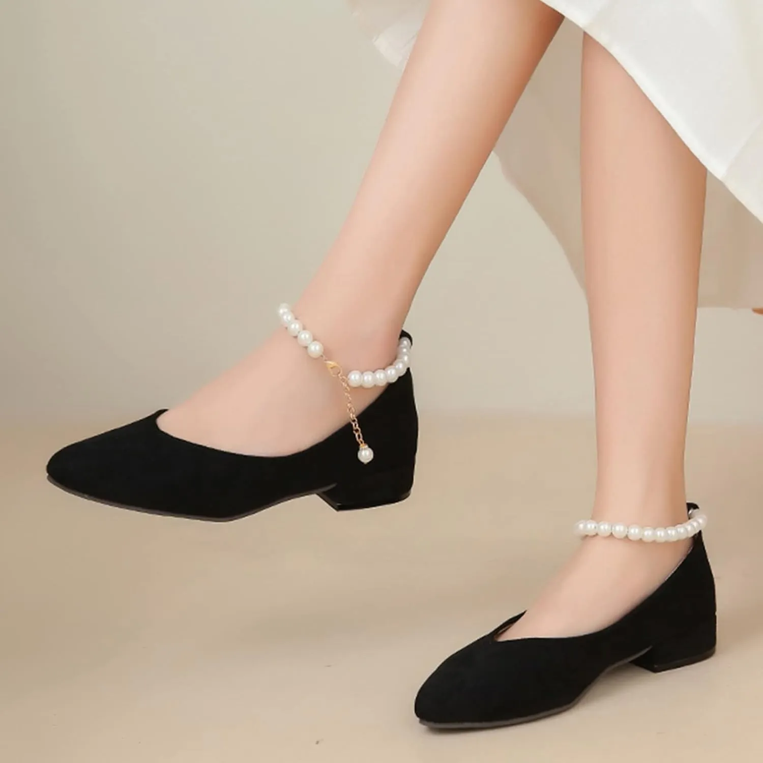 Hbeylia Ballet Flats for Women Ladies Fashion Cut Out Pearl Ankle Strap Lightweight Comfort Pointed Toe Low Heels Flats Walking Loafers Dress Sneakers Shoes for Beach Travel Dancer