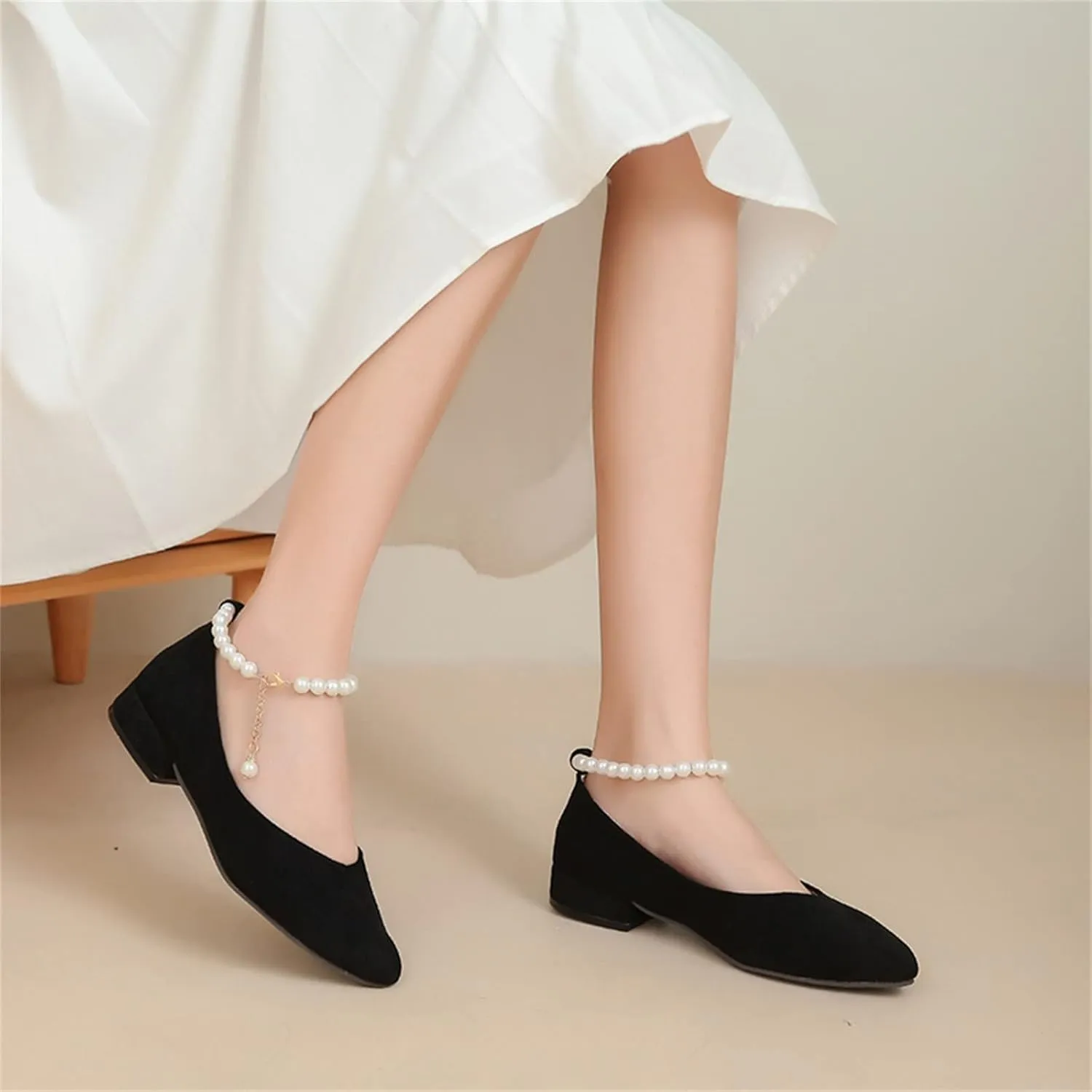 Hbeylia Ballet Flats for Women Ladies Fashion Cut Out Pearl Ankle Strap Lightweight Comfort Pointed Toe Low Heels Flats Walking Loafers Dress Sneakers Shoes for Beach Travel Dancer